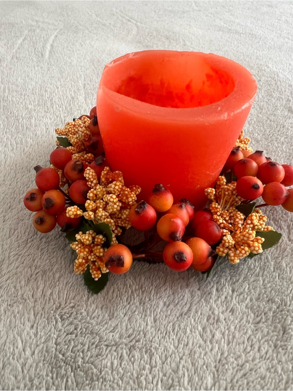 Orange Decorative Candle Centerpiece with Berry Wreath